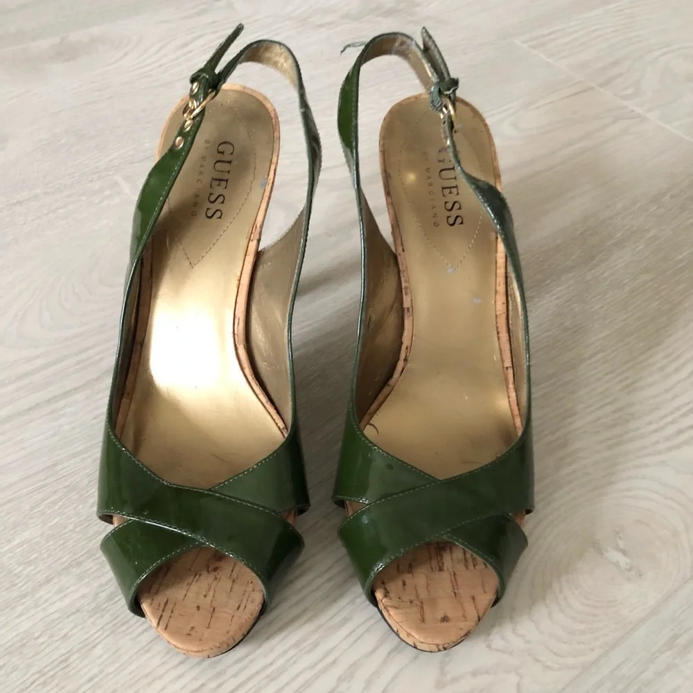 Guess by Marciano Green Leather High Heel Slingback Cork Heels - Picture 8 of 16